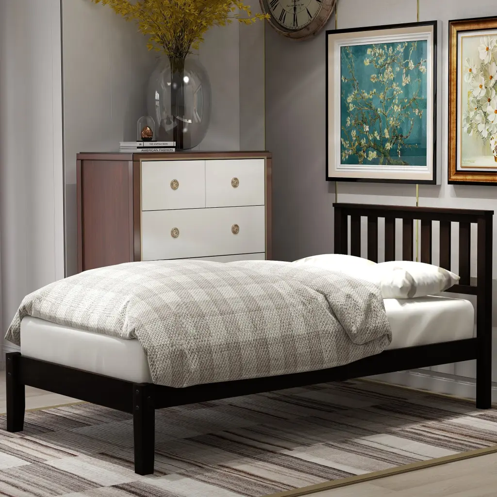 Wood Platform Bed Headboard Twin Espresso Wood Slat Support lucky furniture