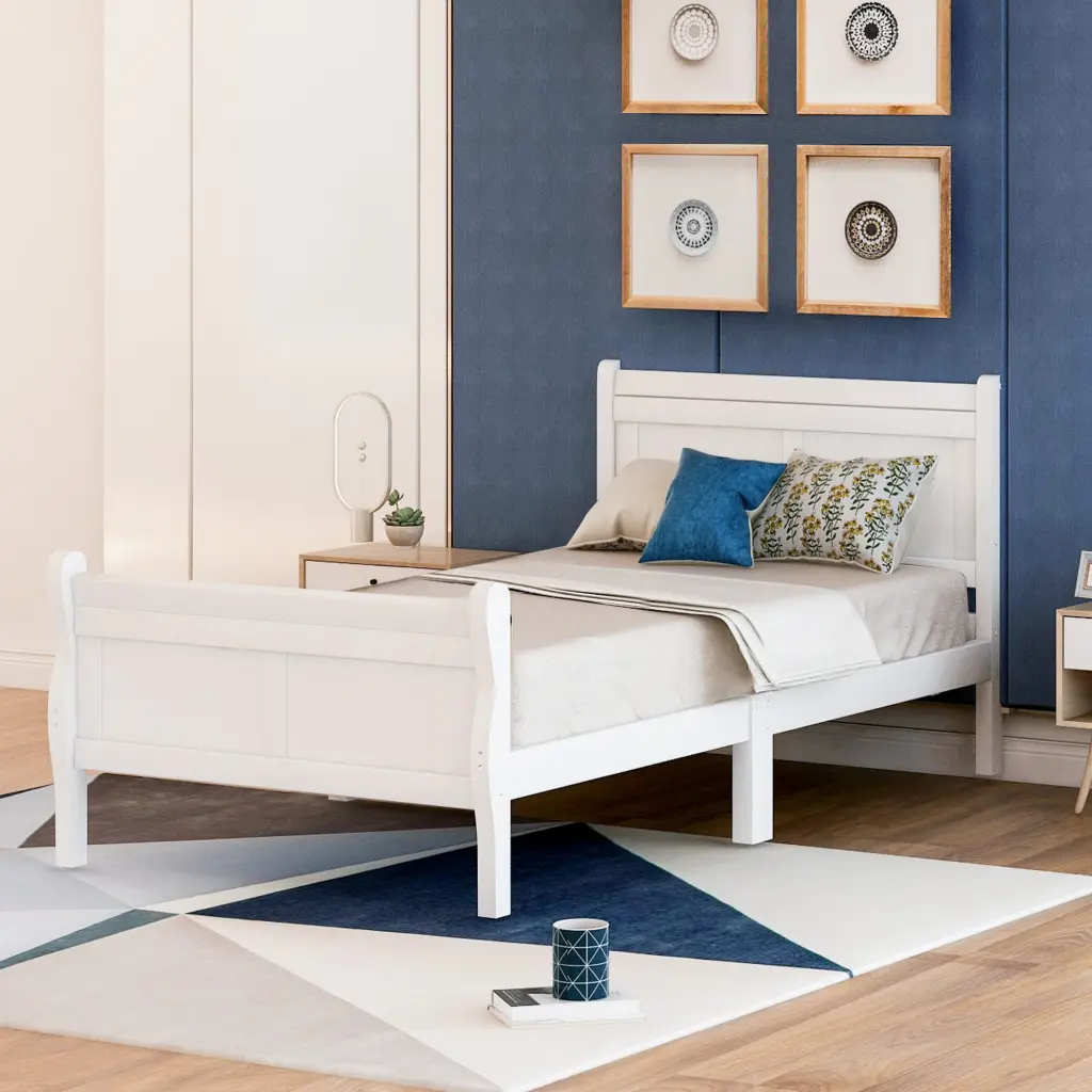 Wood Platform Bed Twin Bed Frame Mattress Foundation Sleigh Bed Headboard lucky furniture