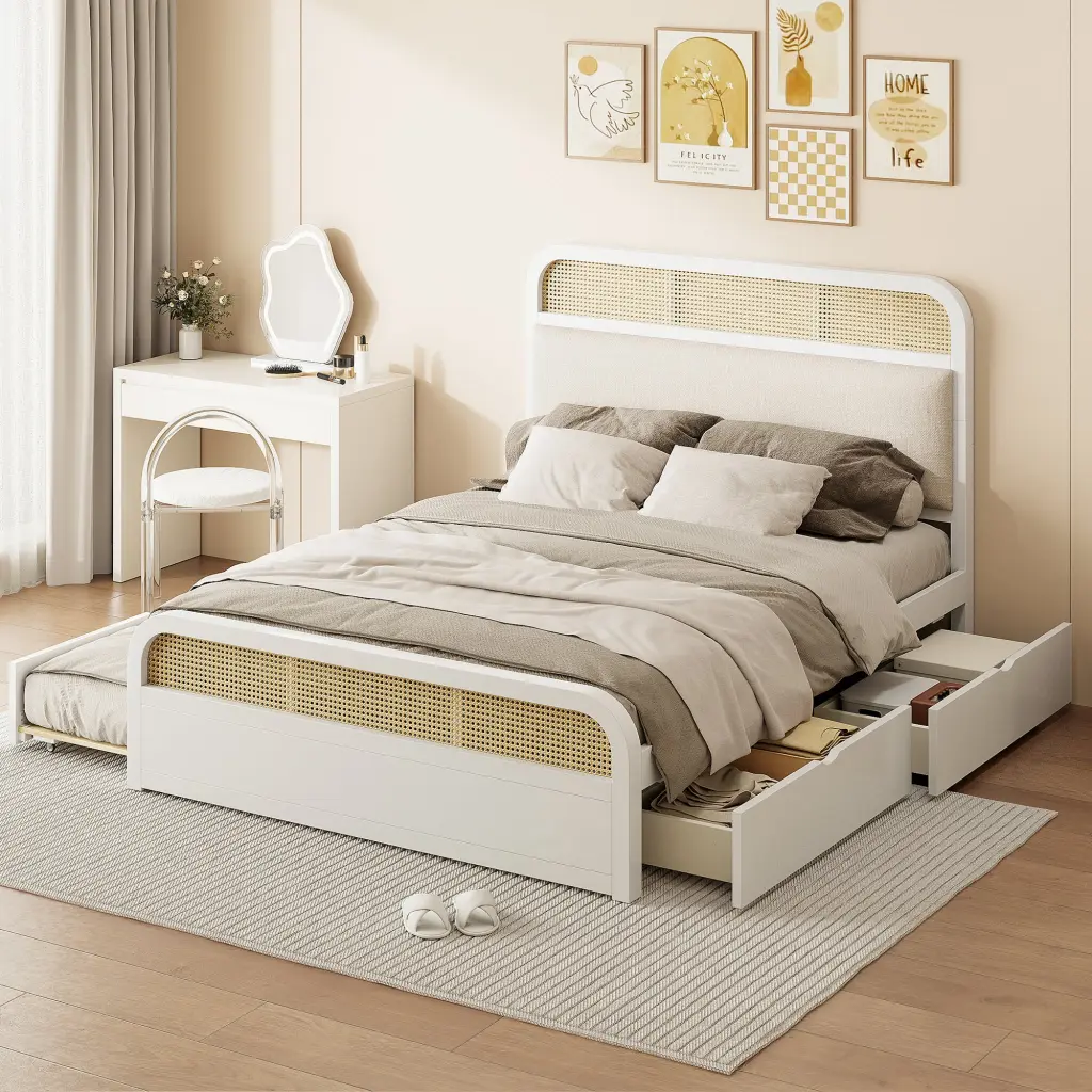 Queen Size Wooden Platform Bed Trundle and 2 Drawers White Bed Frame lucky home