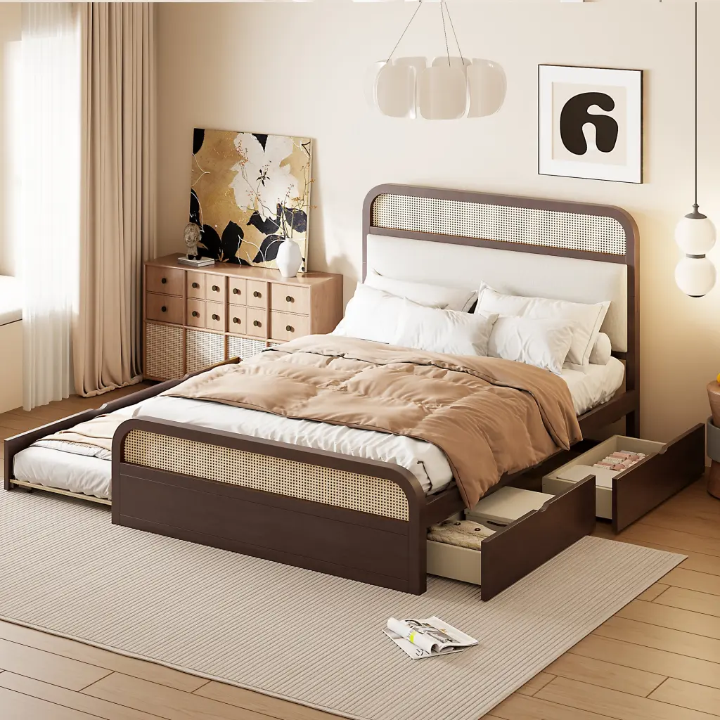 Queen Size Wooden Platform Bed Trundle and 2 Drawers Espresso lucky home