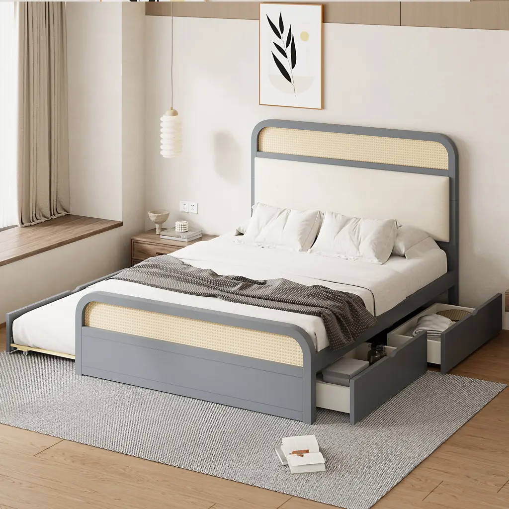 Queen Size Wooden Platform Bed Trundle And 2 Drawers Gray Queen Bed Frame lucky home