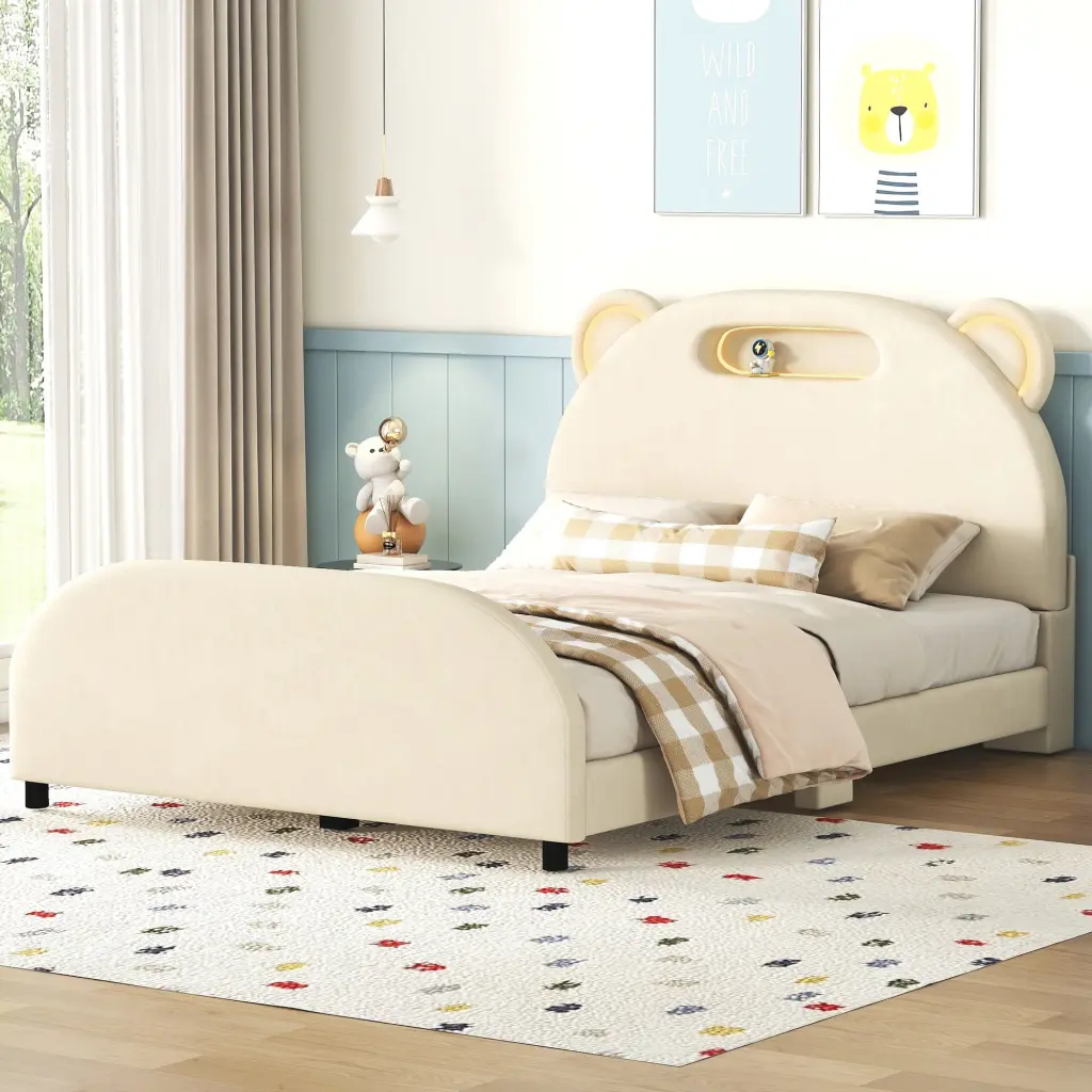 Full Size Upholstered Platform Bed Bear Influenced Headboard And Embe lucky world