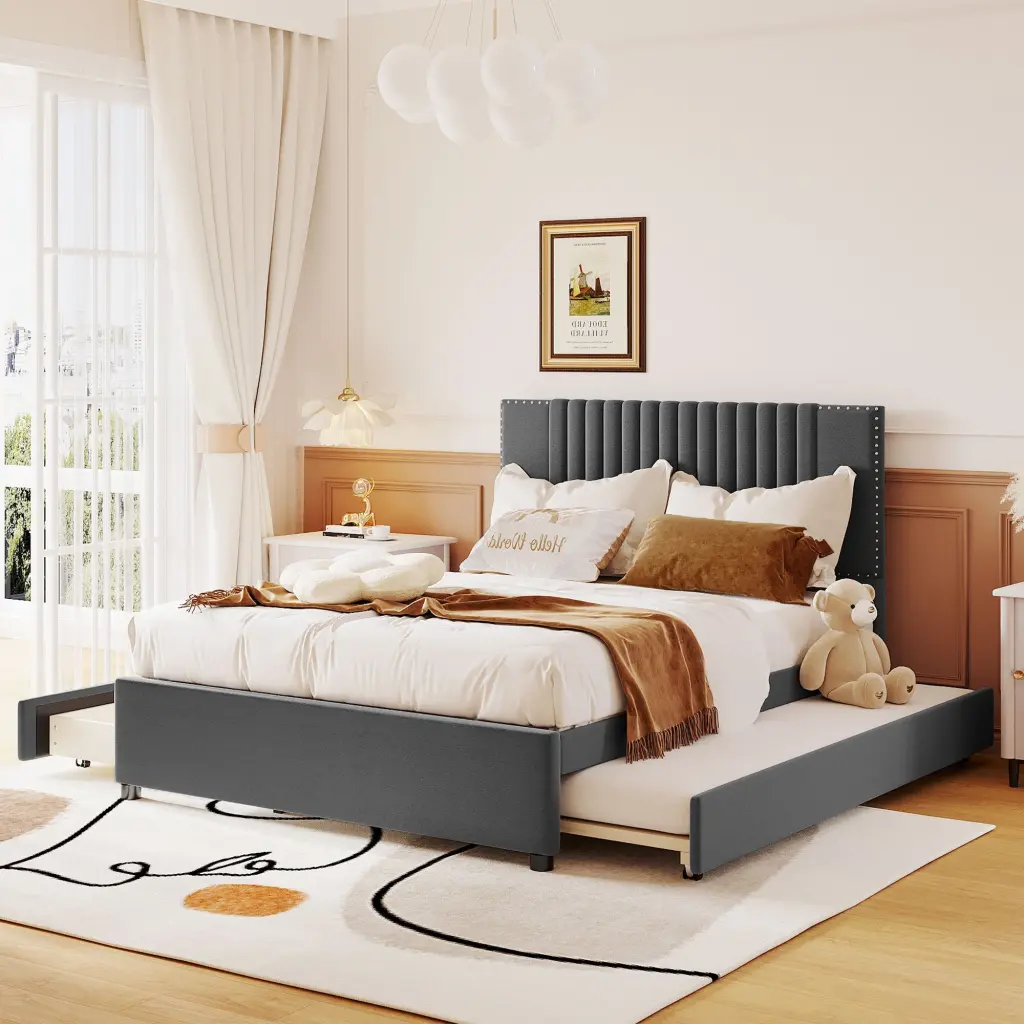 Full Size Upholstered Platform Bed 2 Drawers and Twin Size Trundle Storage lucky world