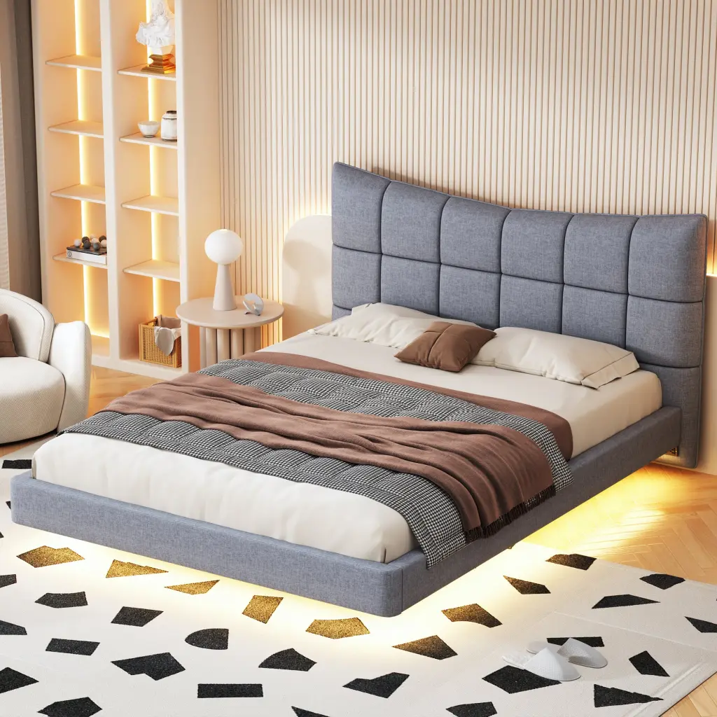 Full Size Upholstered Platform Bed Led Lights Usb Ports And Outlets Modern Bed lucky world