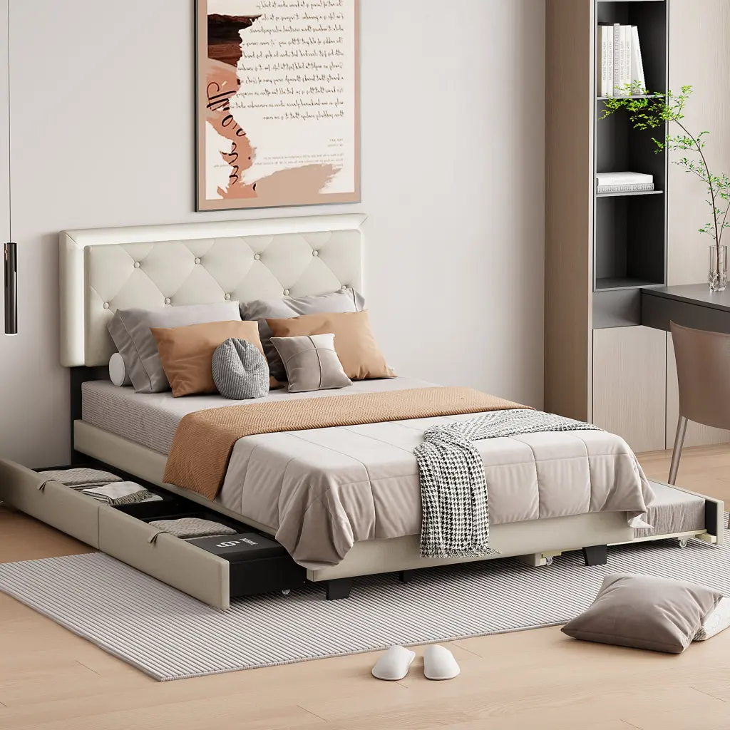 Full Size Velvet Storage Platform Bed 2 Big Drawers and Trundle lucky world