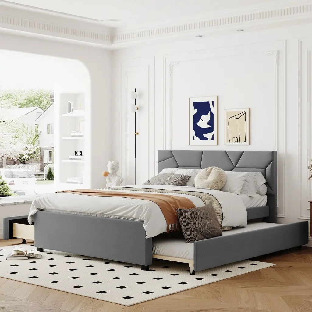 Queen Size Upholstered Platform Bed Brick Pattern Headboard Modern Bed Frame lucky world