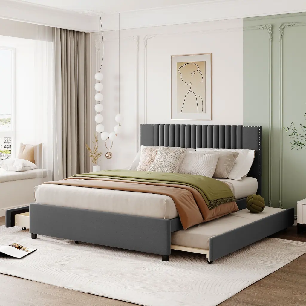 Queen Size Upholstered Platform Bed 2 Drawers and 1 Twin XL Trundle lucky world