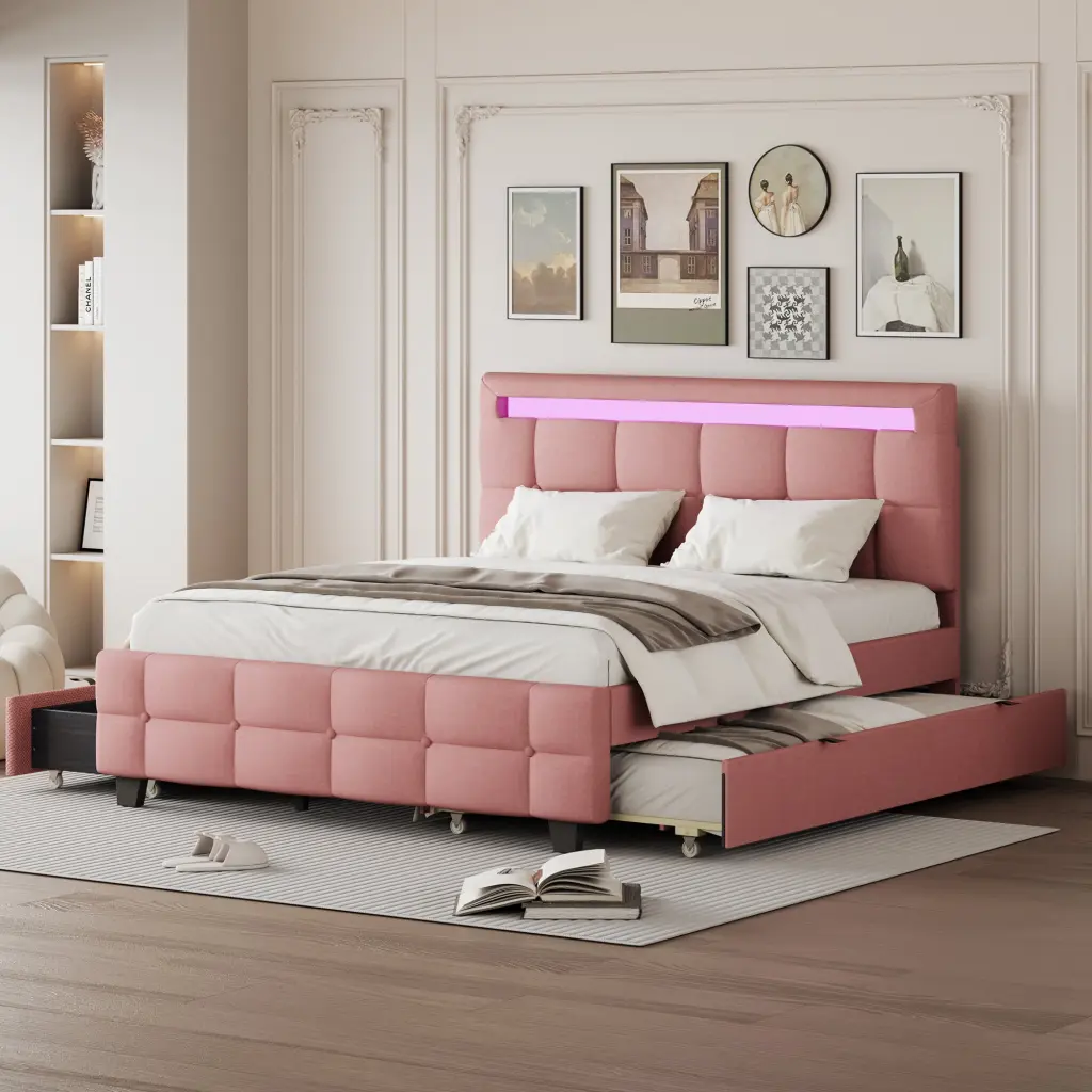 Queen Size Upholstered Platform Bed Led Frame Twin Xl Size Option lucky world
