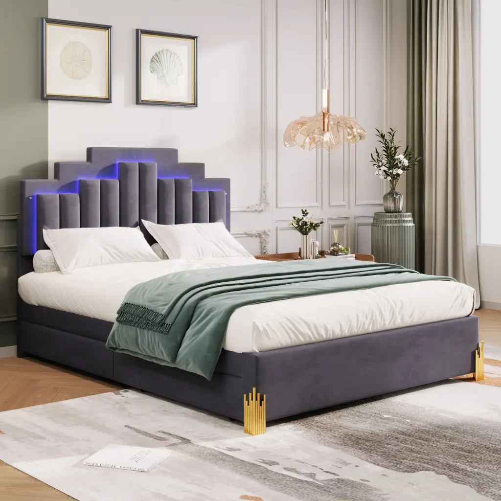 Queen Size Upholstered Platform Bed LED Lights and 4 Drawers lucky world