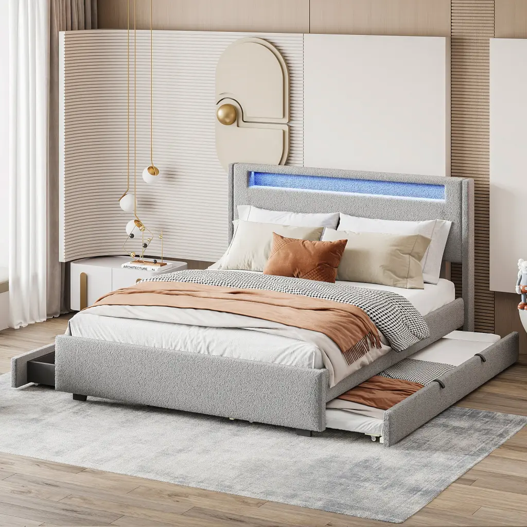Queen Size Upholstered Platform Bed LED Frame Twin XL lucky world