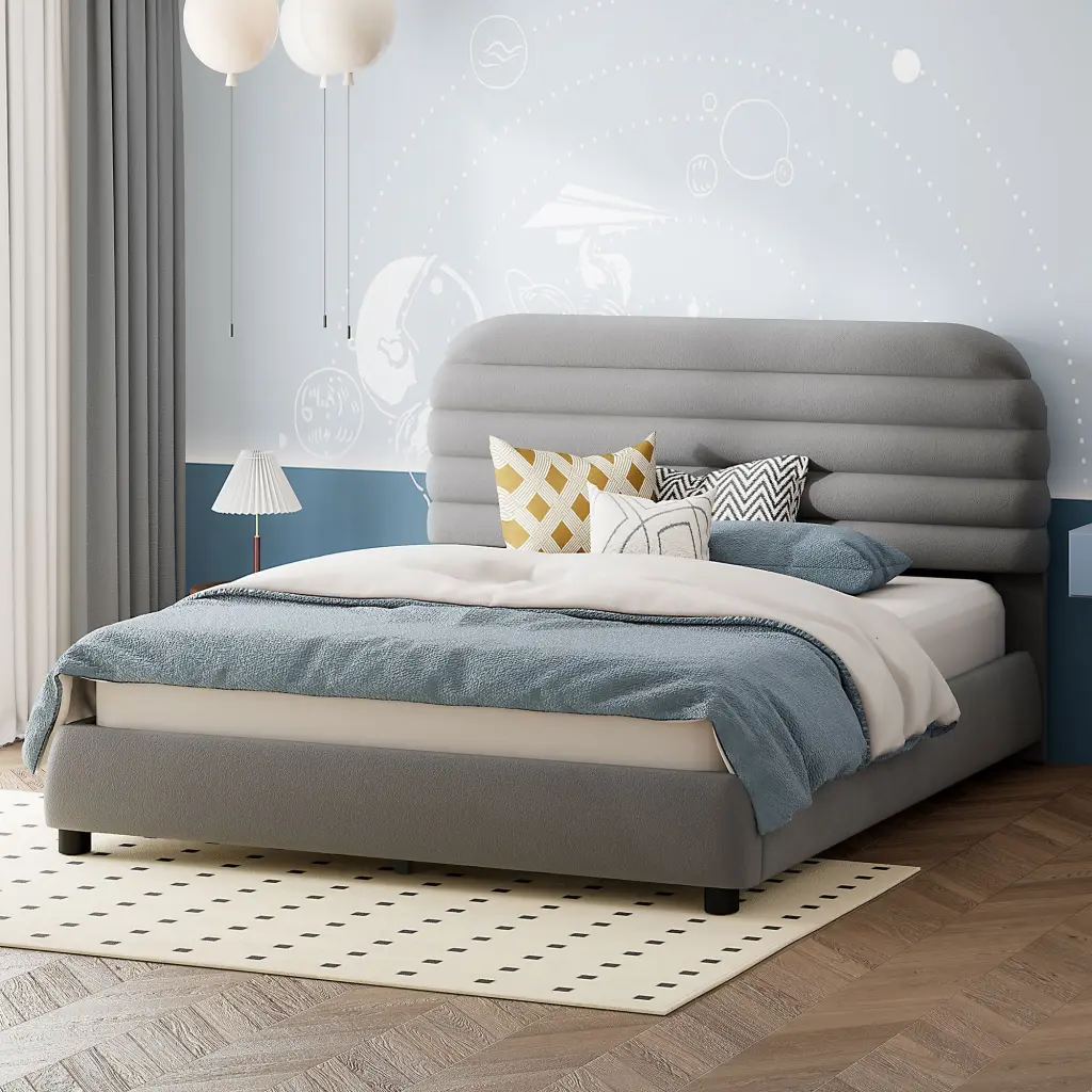 Queen Size Velvet Upholstered Platform Bed Solid Frame and Chic Curved Design lucky world