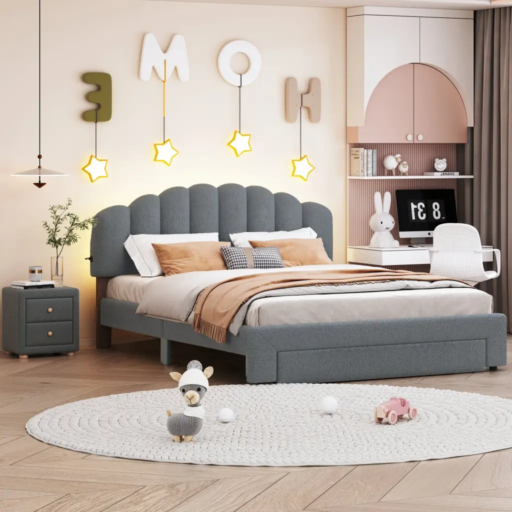 Teddy Fleece Queen Size Upholstered Platform Bed Nightstand lucky world