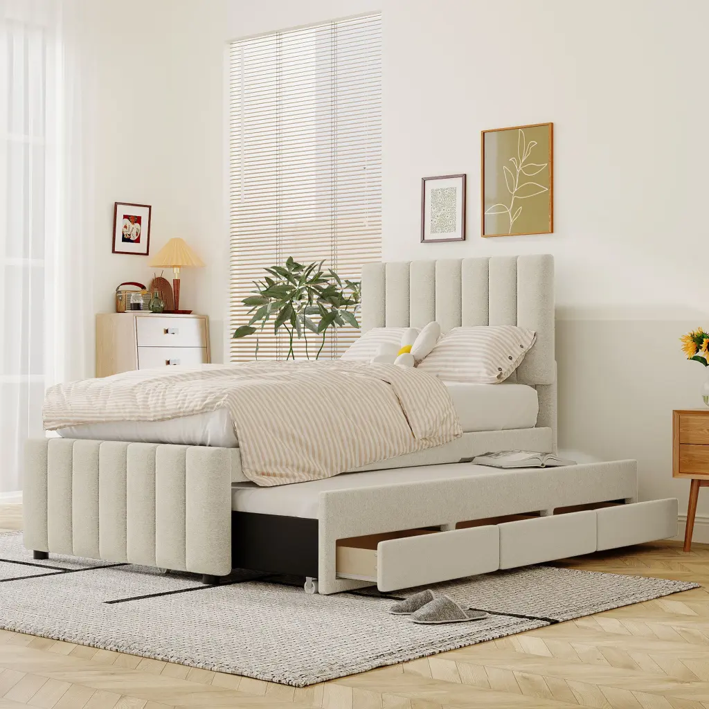 Twin Size Upholstered Platform Bed Trundle and 3 Storage Drawers Linen Fabric lucky world