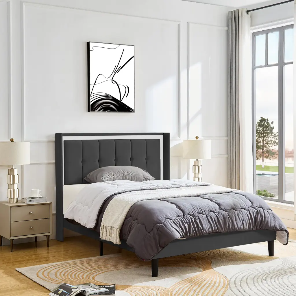 Queen Size Upholstered Platform Bed Frame Headboard and Robust Wood Base sarkozy