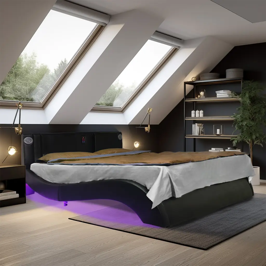 Faux Leather Upholstered Platform Bed Frame LED Lighting Bluetooth Control smart house