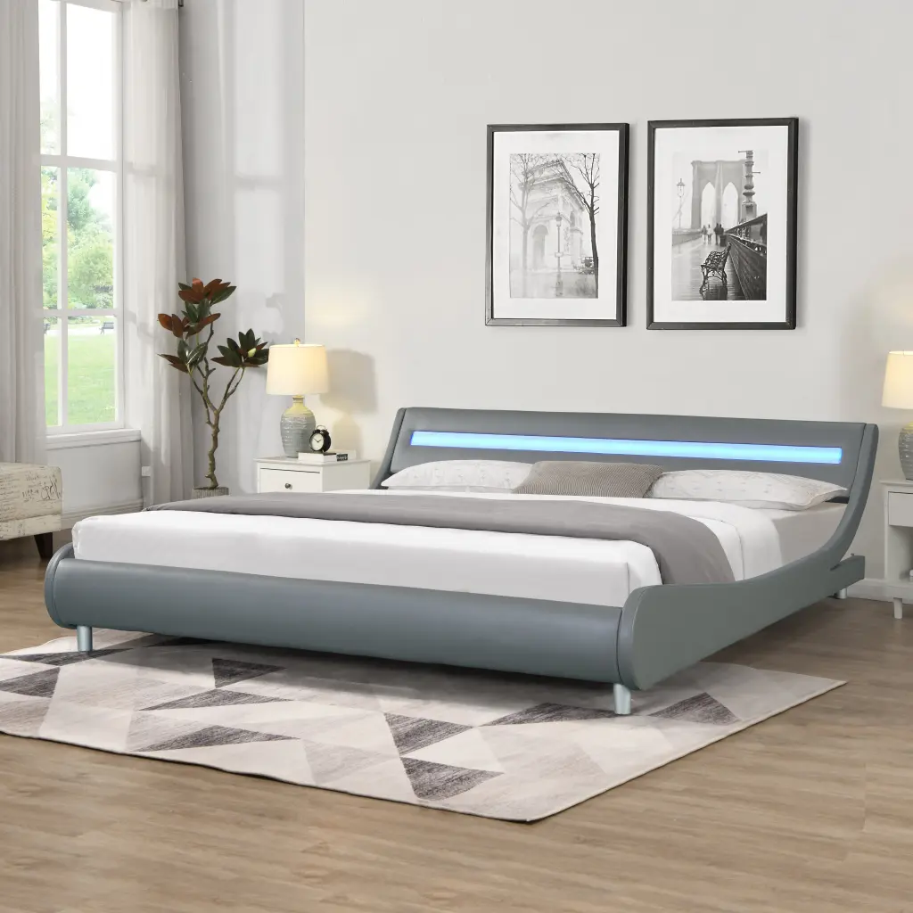 Faux Leather Upholstered Platform Bed Frame LED Lighting top corporation