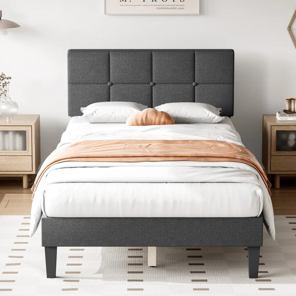 Twin Size Linen Upholstered Platform Bed Headboard No Box Spring Needed w2201