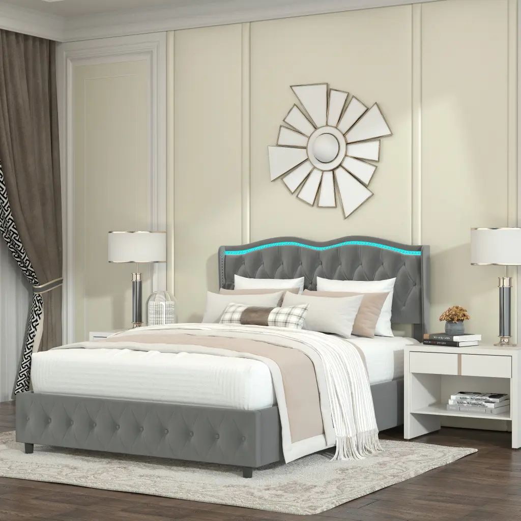 Queen Platform Bed Frame Velvet Upholstery and Deep Tufted Button Design welike furniture