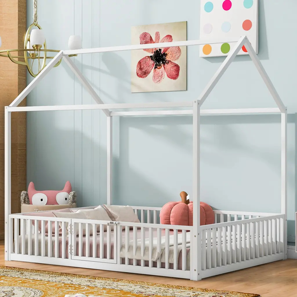 Full Size Metal Houtilize Bed Fence And Door White Metal Frame wm dreamland