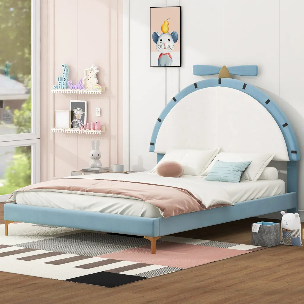 Full Size Upholstered Platform Bed Alarm Clock Influenced Headboard wm dreamland