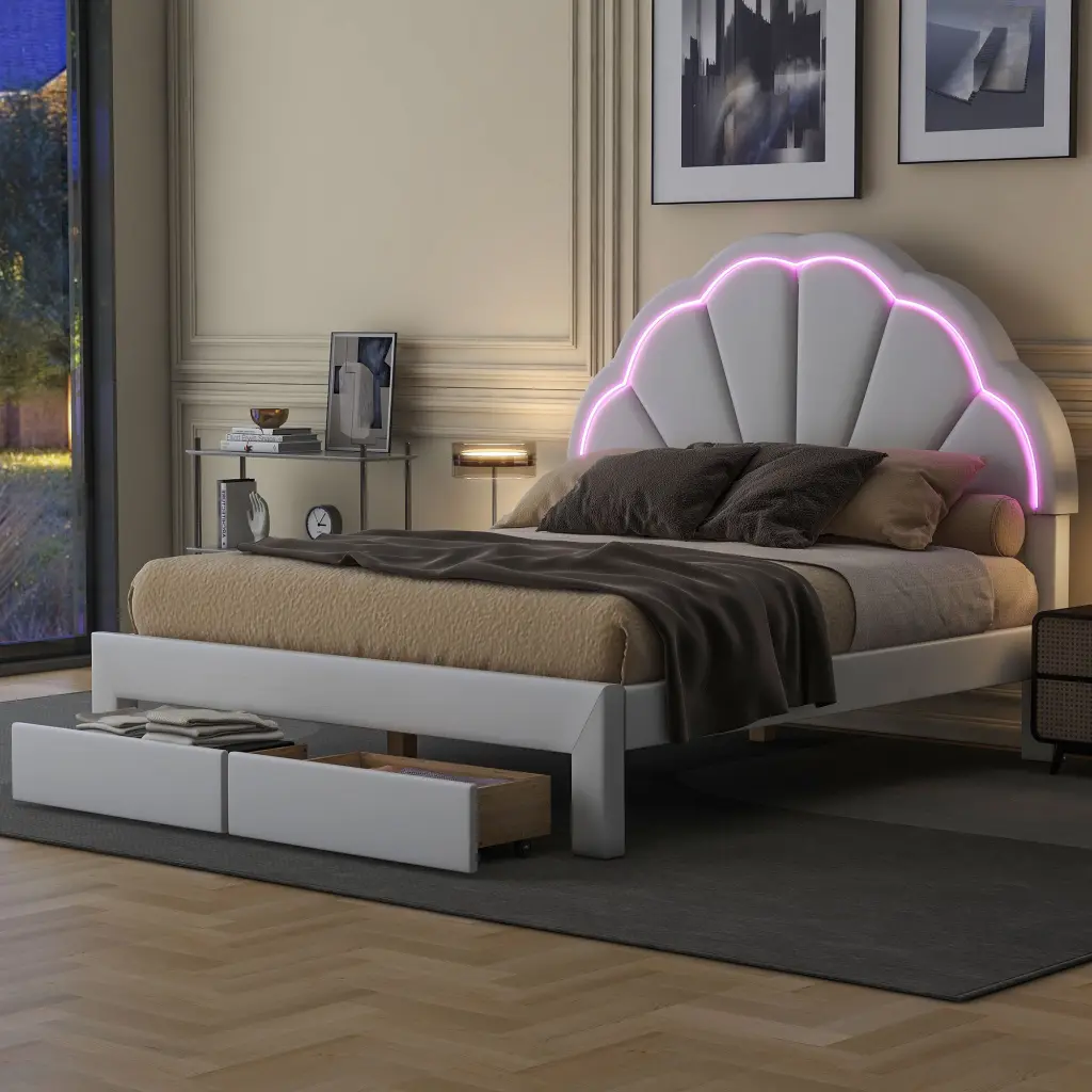 Full Size Upholstered Platform Bed Seashell Headboard LED Lighting wm dreamland