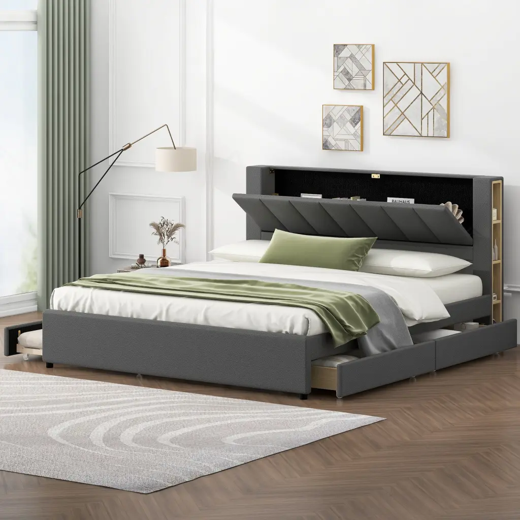 King Size Upholstered Platform Bed Storage Headboard and 2 Drawers wm dreamland
