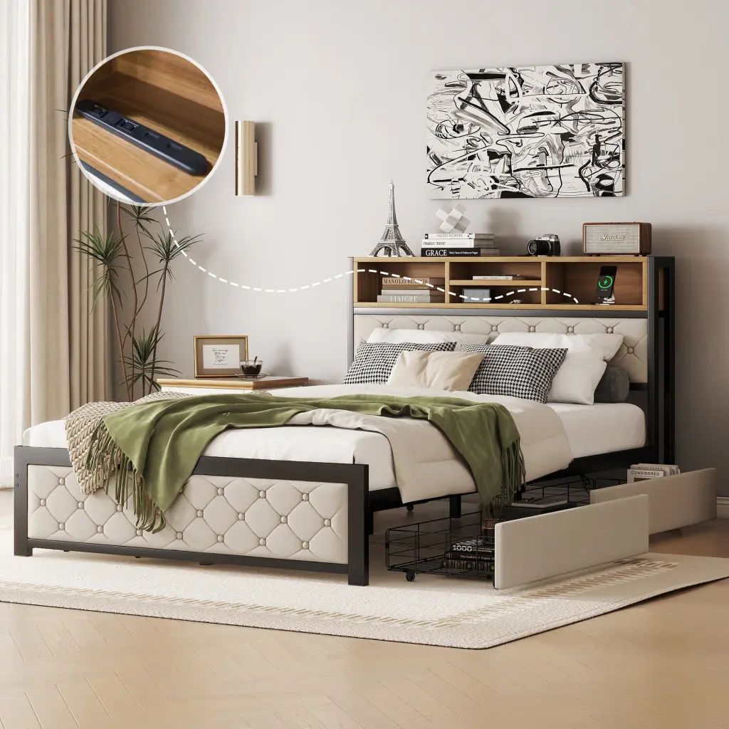 Metal Full Size Platform Bed 4 Drawers And Upholstered Headboard wm dreamland