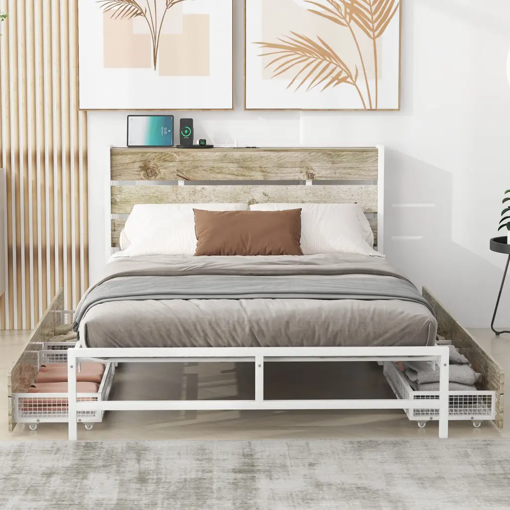 Metal Platform Bed Four Drawers Sockets And Usb Ports Full White wm dreamland