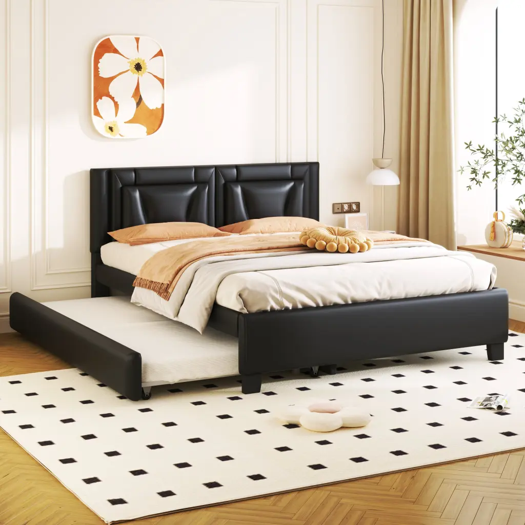 Queen Size Upholstered Platform Bed Headboard and Twin Size Trundle wm dreamland