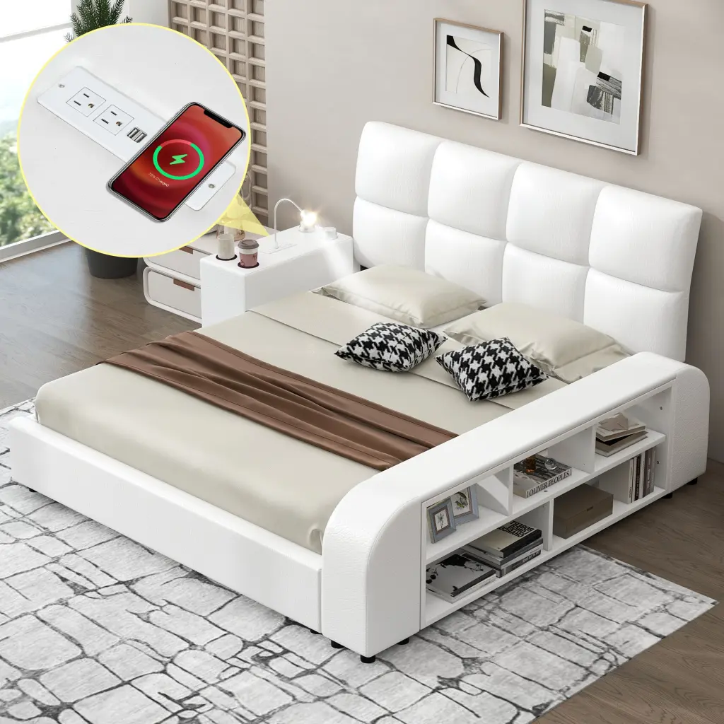 Queen Size Upholstered Platform Bed Multimedia Nightstand and Storage wm dreamland