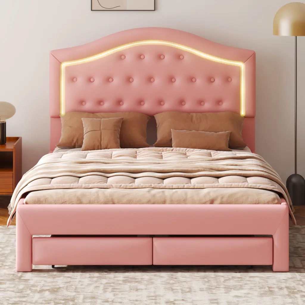 Queen Size Upholstered Platform Bed Tufted Headboard and LED Lights wm dreamland