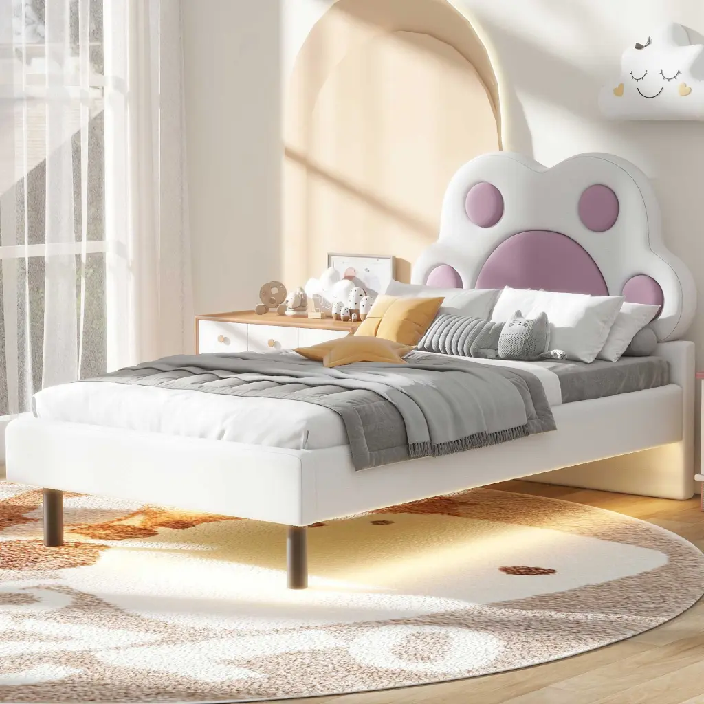 Twin Size Upholstered Platform Bed Animal Paw Influenced Headboard And Footboard wm dreamland