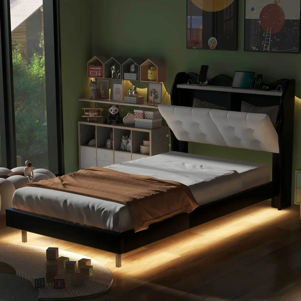 Twin Size Upholstery Platform Bed Frame LED Light Strips wm dreamland