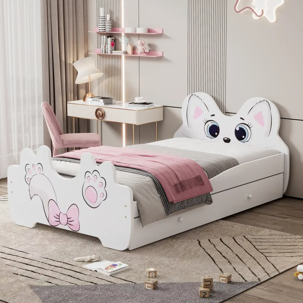 Cartoon Twin Size Platform Bed Trundle, White And Antique White Finish wm store