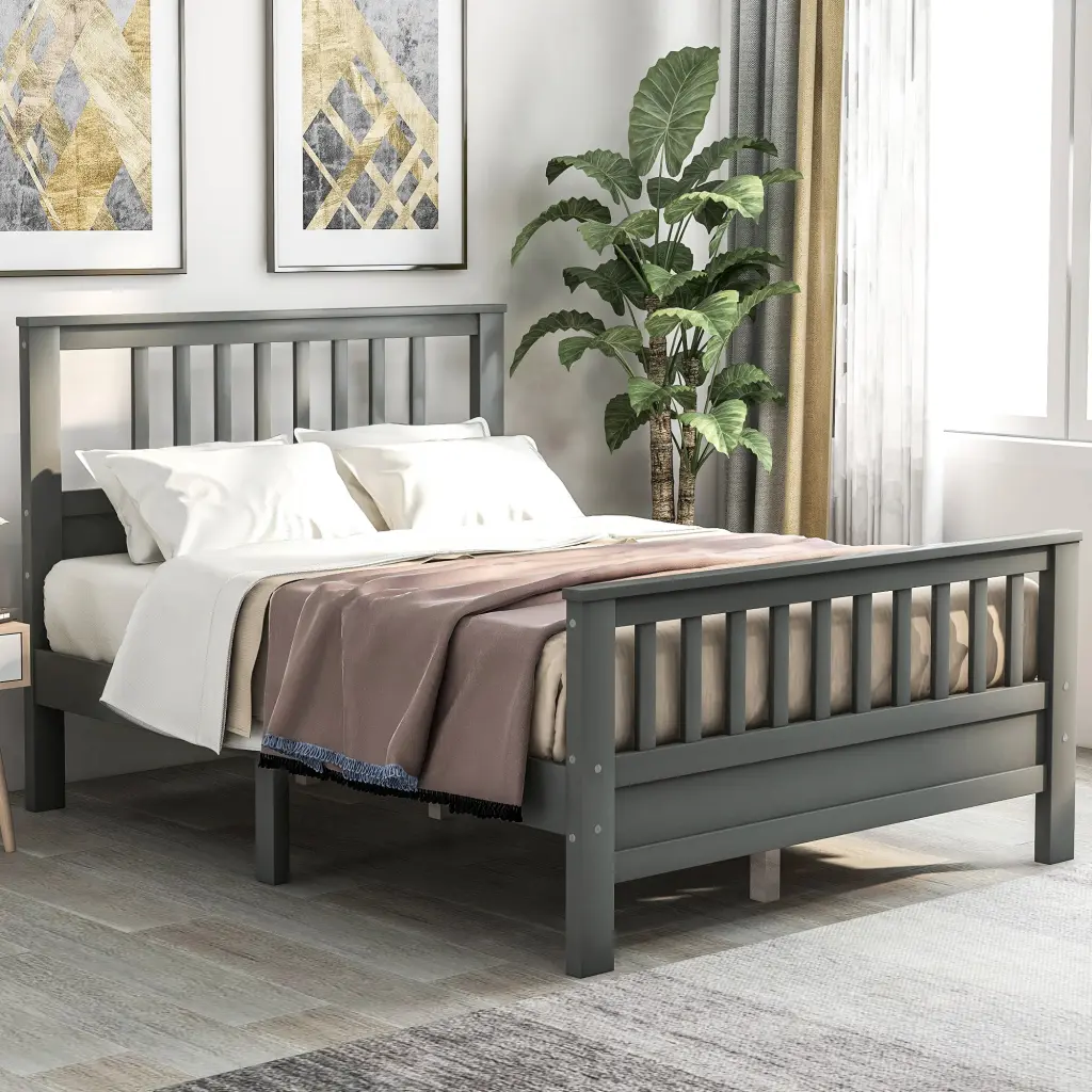 Full Size Gray Wood Platform Bed Headboard and Footboard wm store