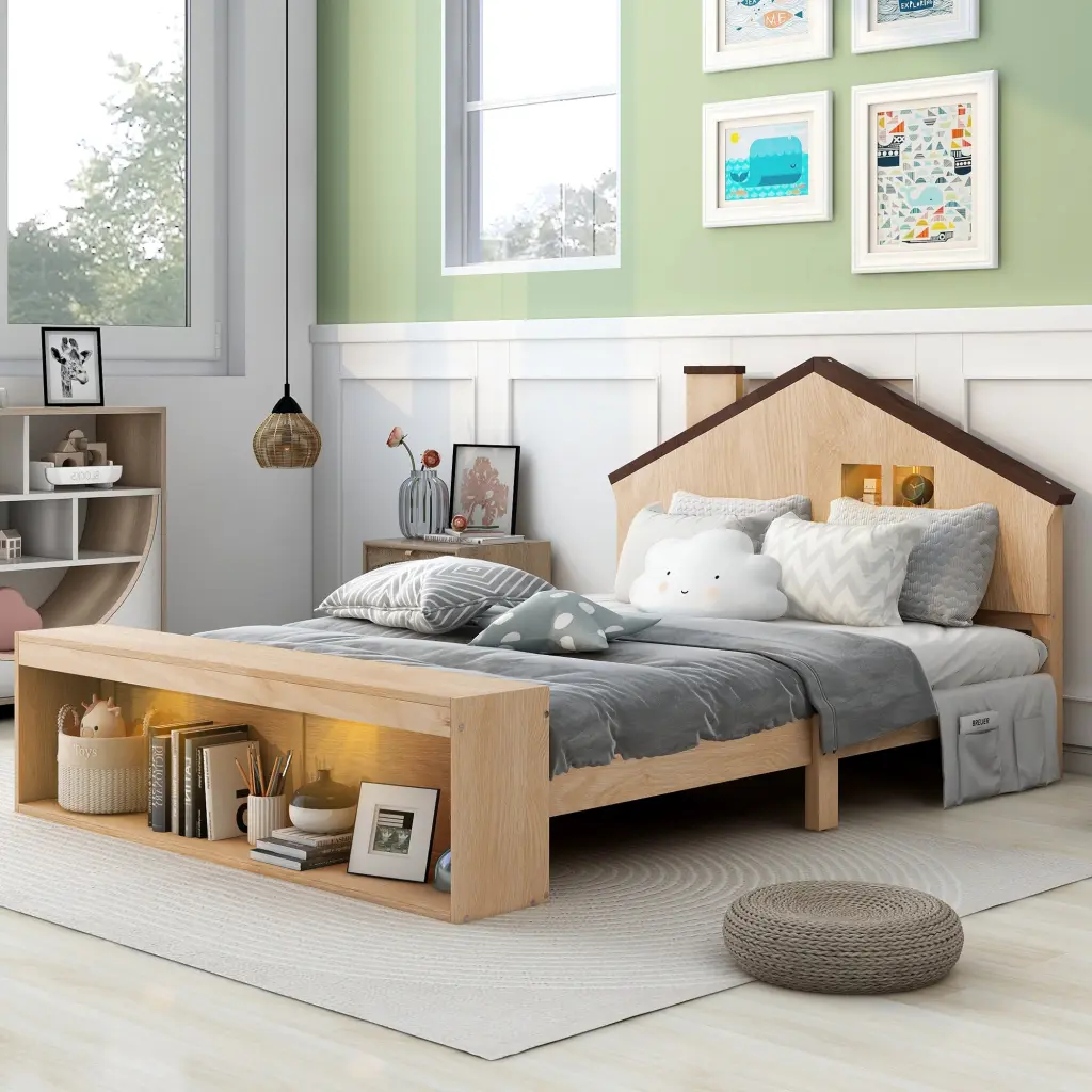 Full Size House Platform Bed LED Lights and Storage Wood Color wm store