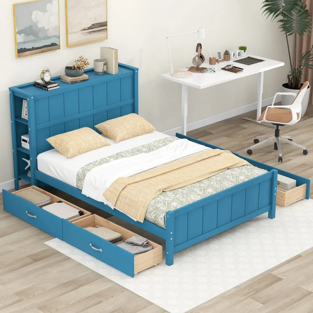 Full Size Platform Bed Drawers And Storage Shelves Blue wm store