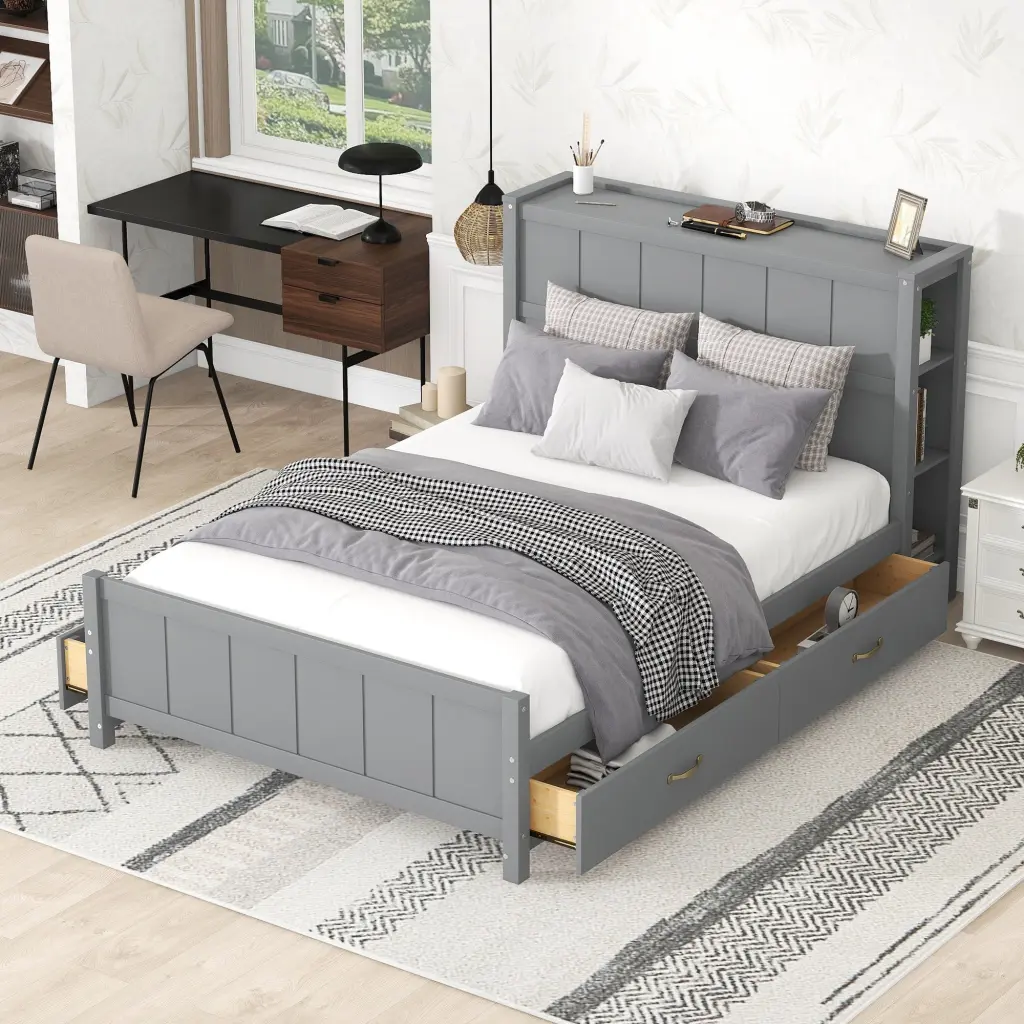 Full Size Platform Bed Drawers And Storage Shelves Gray Pine Wood Frame wm store