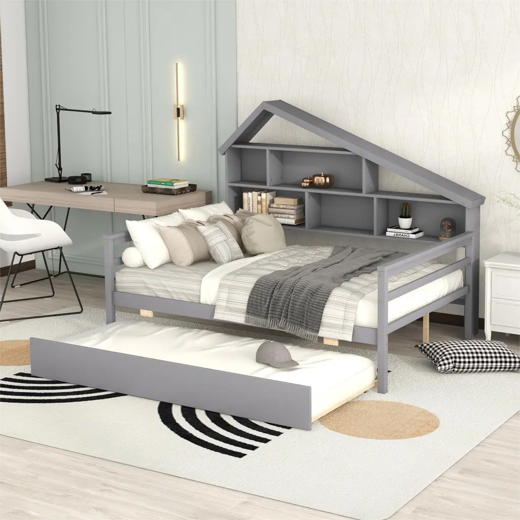 Full Size Platform Bed Trundle And Shelves Gray Pine wm store