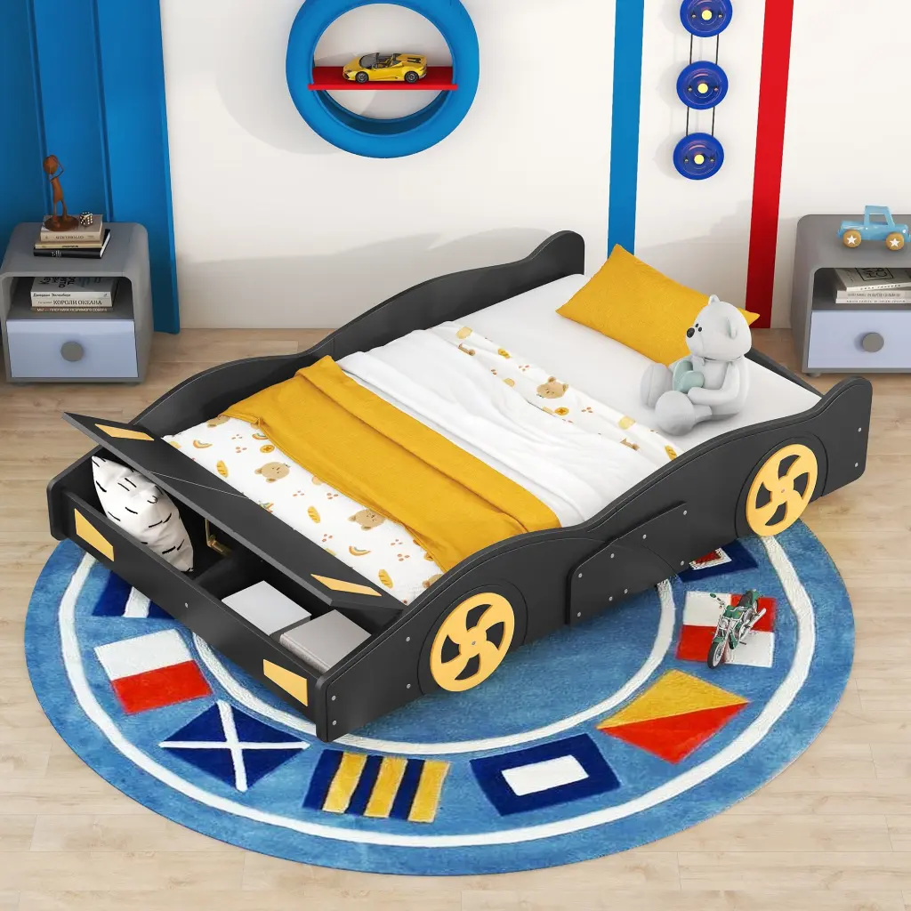 Full Size Race Car Platform Bed Wheels And Storage Black wm store