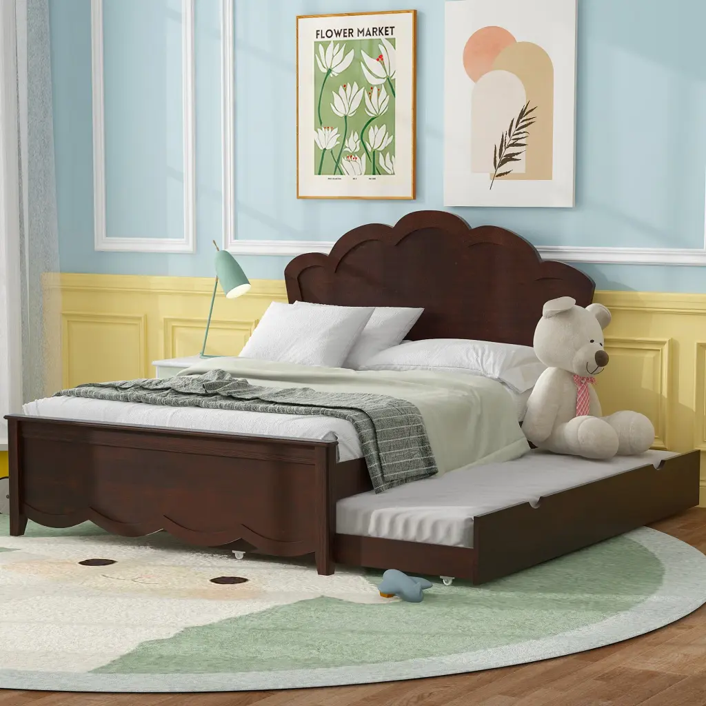 Full Size Wood Platform Bed Headboard And Twin Size Trundle Cappuccino Finish wm store