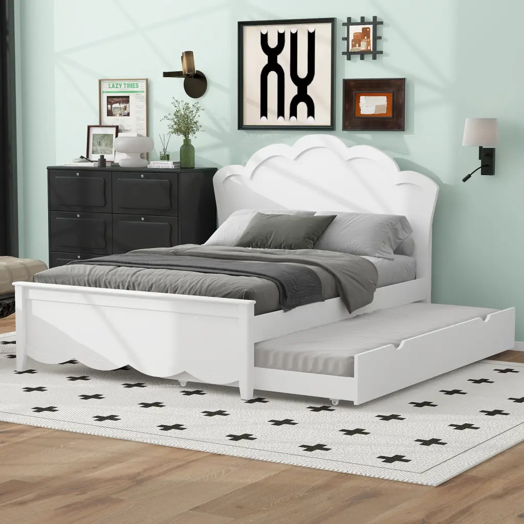 Full Size Wood Platform Bed Headboard And Twin Size Trundle White Bedroom Furniture wm store