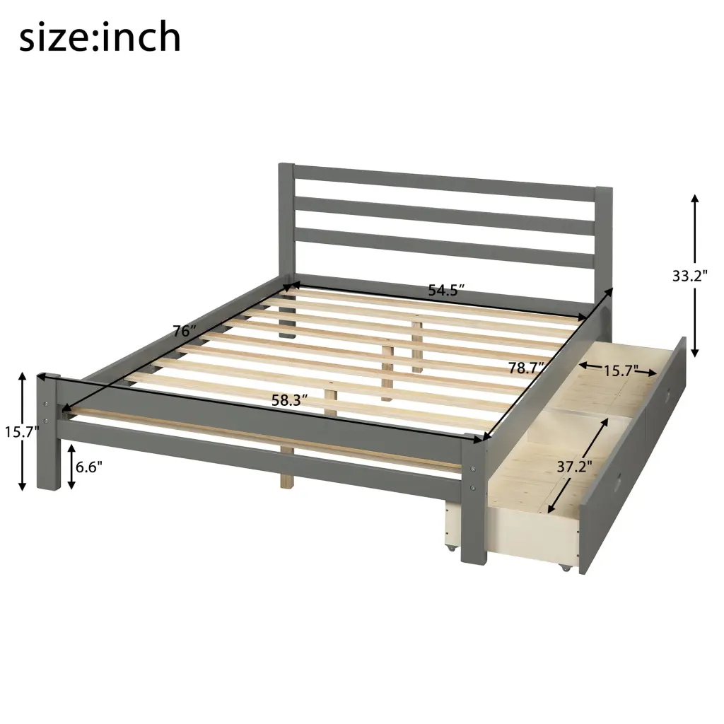 Full Size Wood Platform Bed Two Drawers Gray Pine Finish wm store
