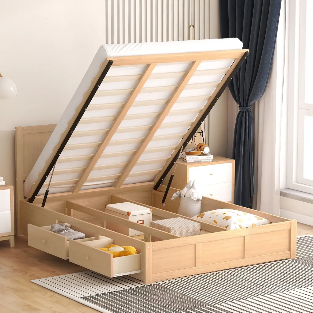 Full Size Wood Platform Bed Underneath Storage And 2 Drawers Wooden Frame wm store