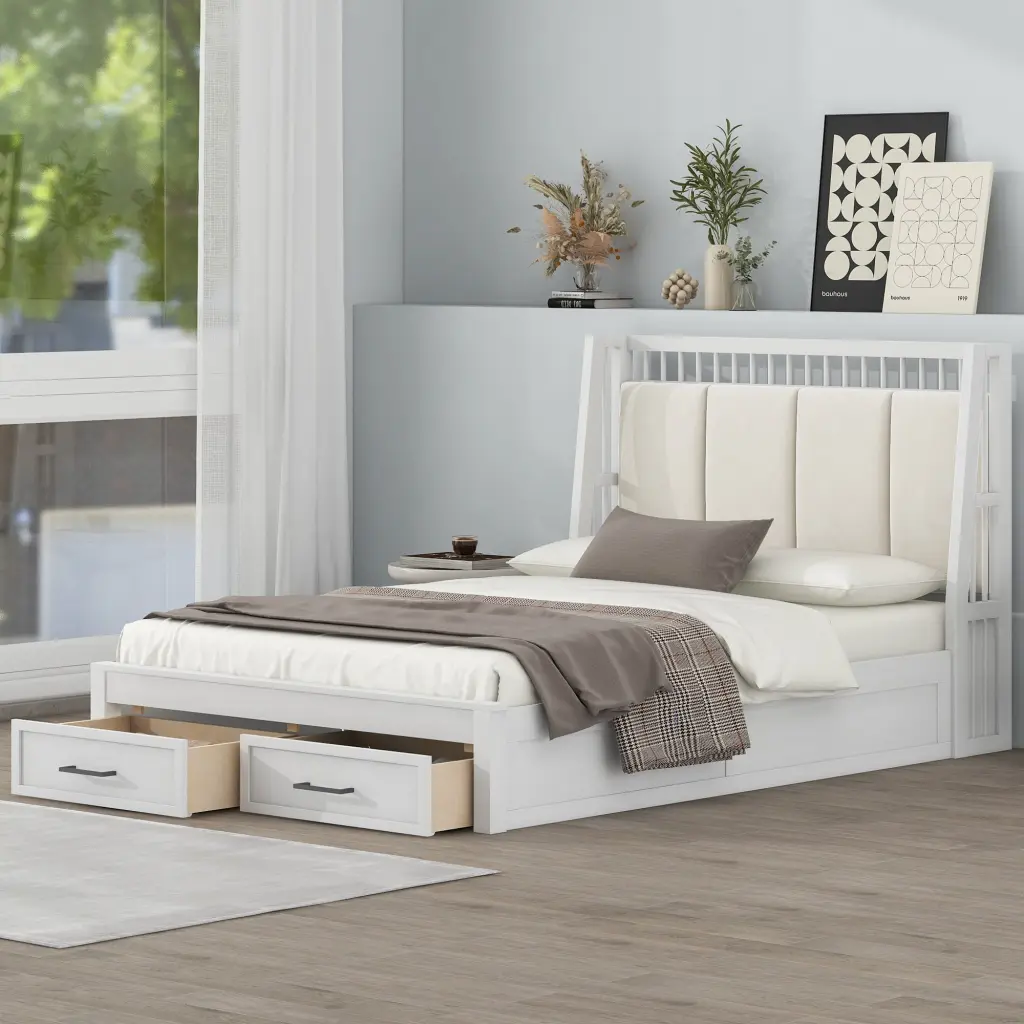 Full Size Wood Platform Bed Upholstered Headboard and 2 Drawers wm store