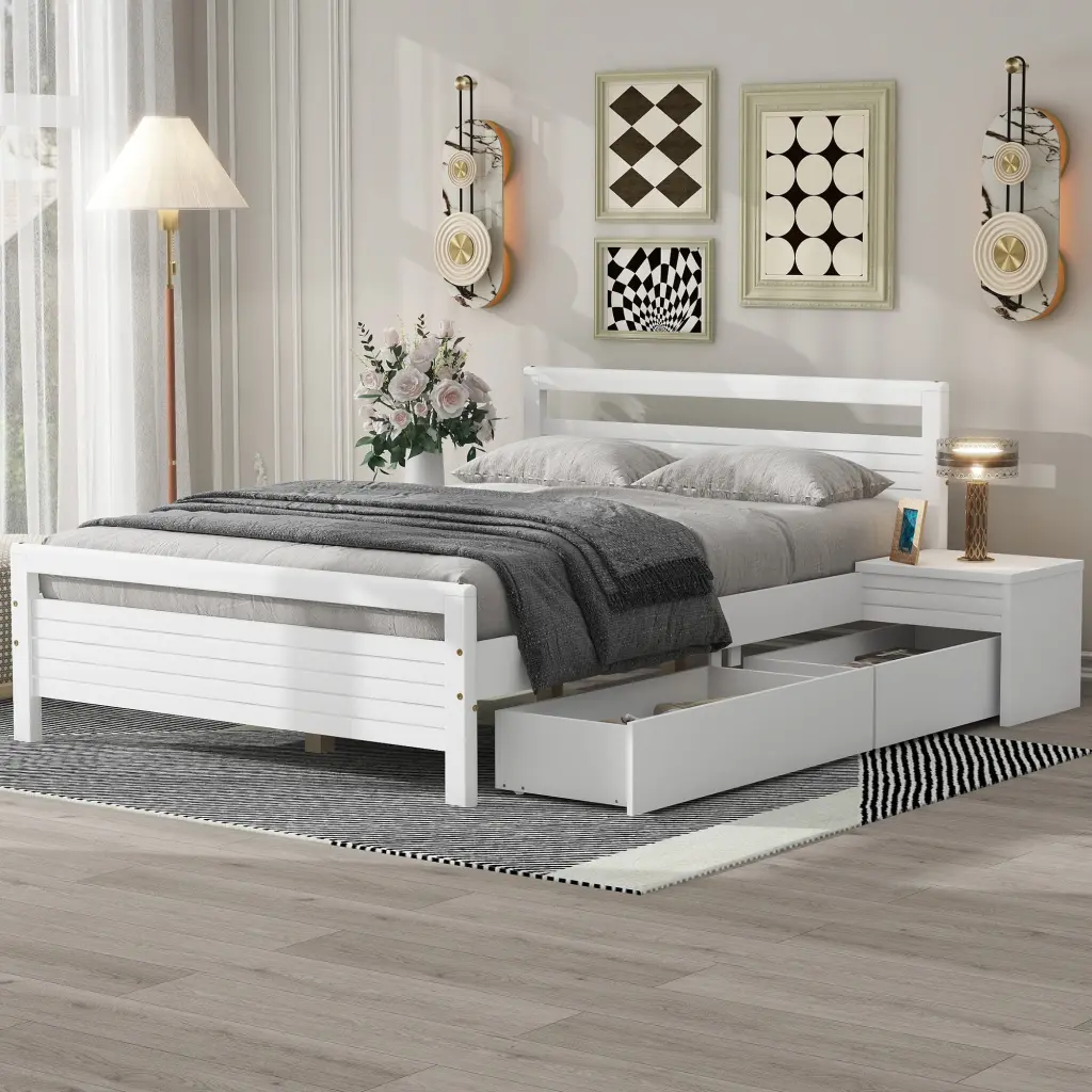 Full Size Wooden Platform Bed 2 Storage Drawers and 2 Bedside Tables wm store