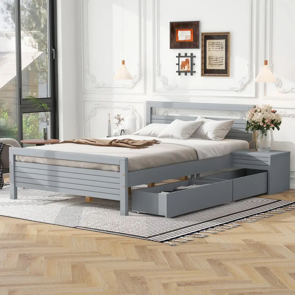 Full Size Wooden Platform Bed 2 Storage Drawers and 2 Bedside Tables wm store