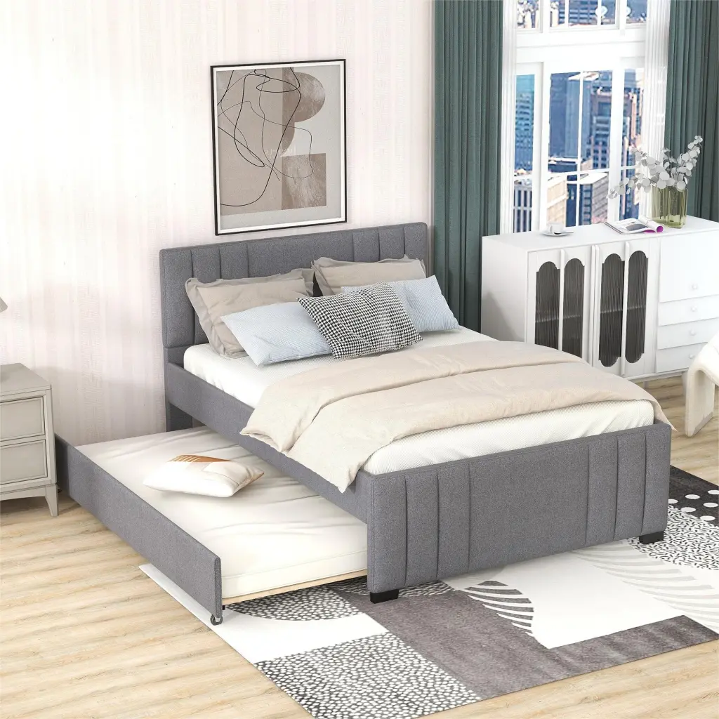 Full Upholstered Platform Bed Trundle Grey Modern Bed Frame wm store