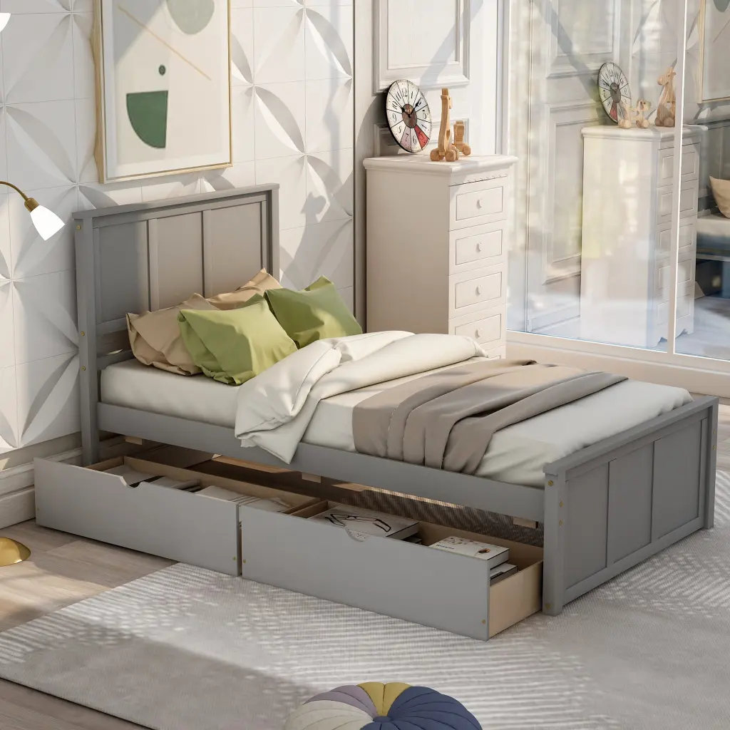 Gray Twin Size Platform Storage Bed 2 Wheels Drawers Space Saving wm store
