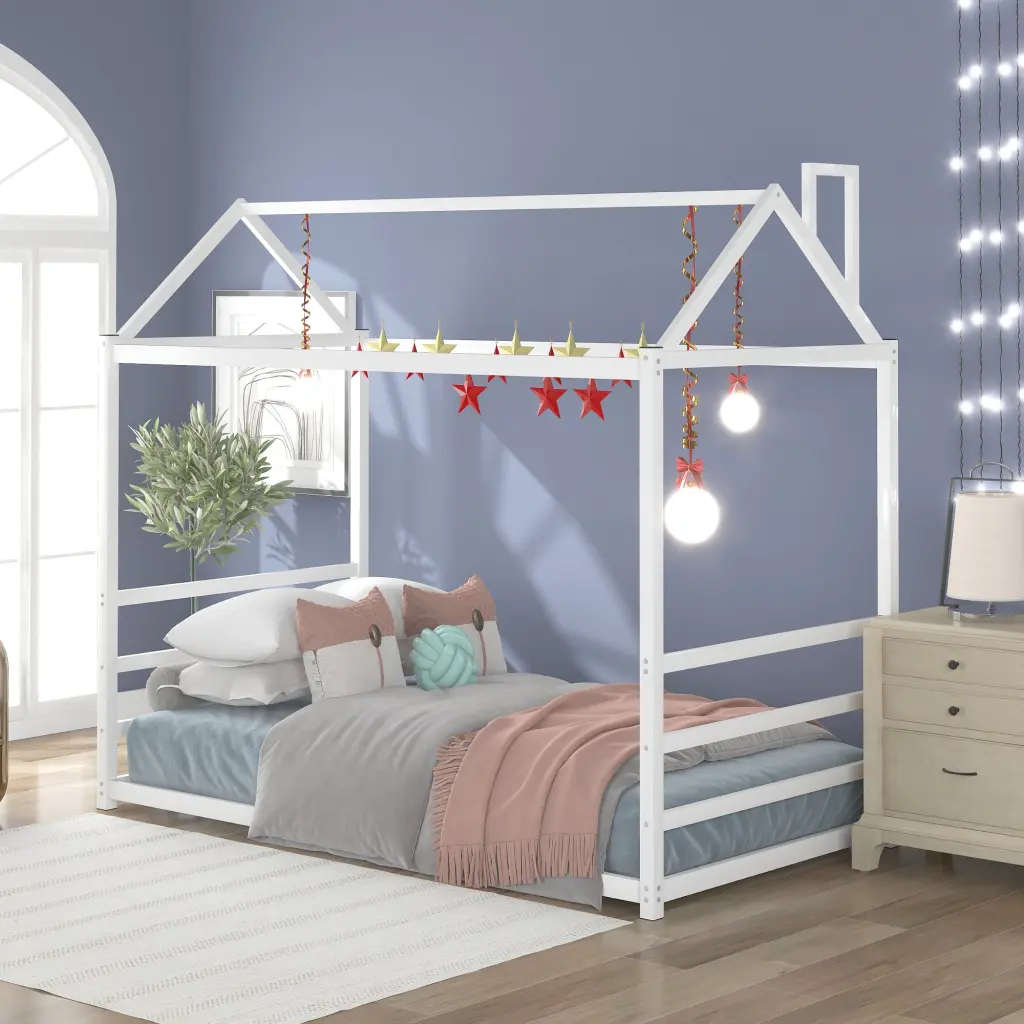 Houtilize Platform Bed Roof and Chimney Design White Metal Frame wm store